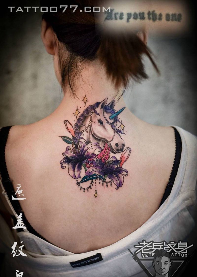 后背独角兽纹身作品遮盖纹身图片_成品背部清新动物纹身图案