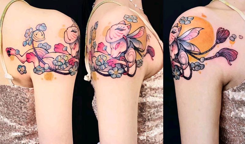 兔子纹身图片_肩部背部新传统水彩兔子日式风格武侠风纹身图案