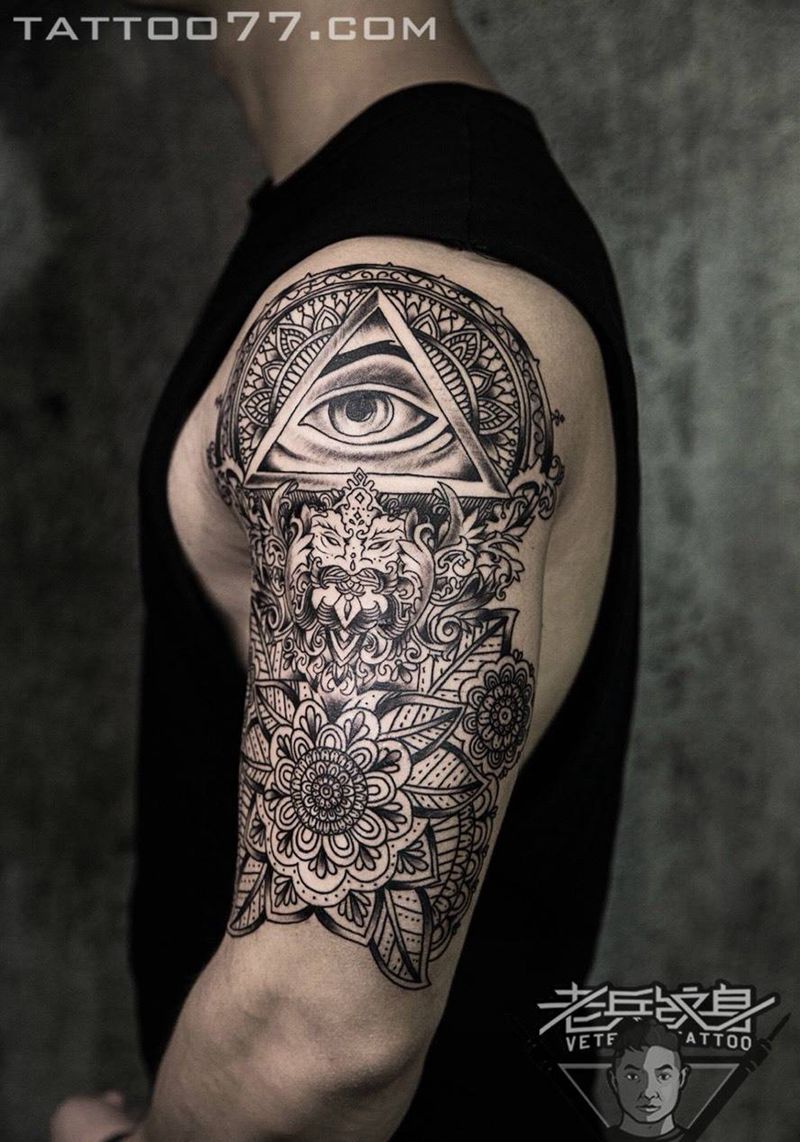 大臂梵花上帝之眼纹身作品纹身图片_成品手臂欧美图腾纹身图案