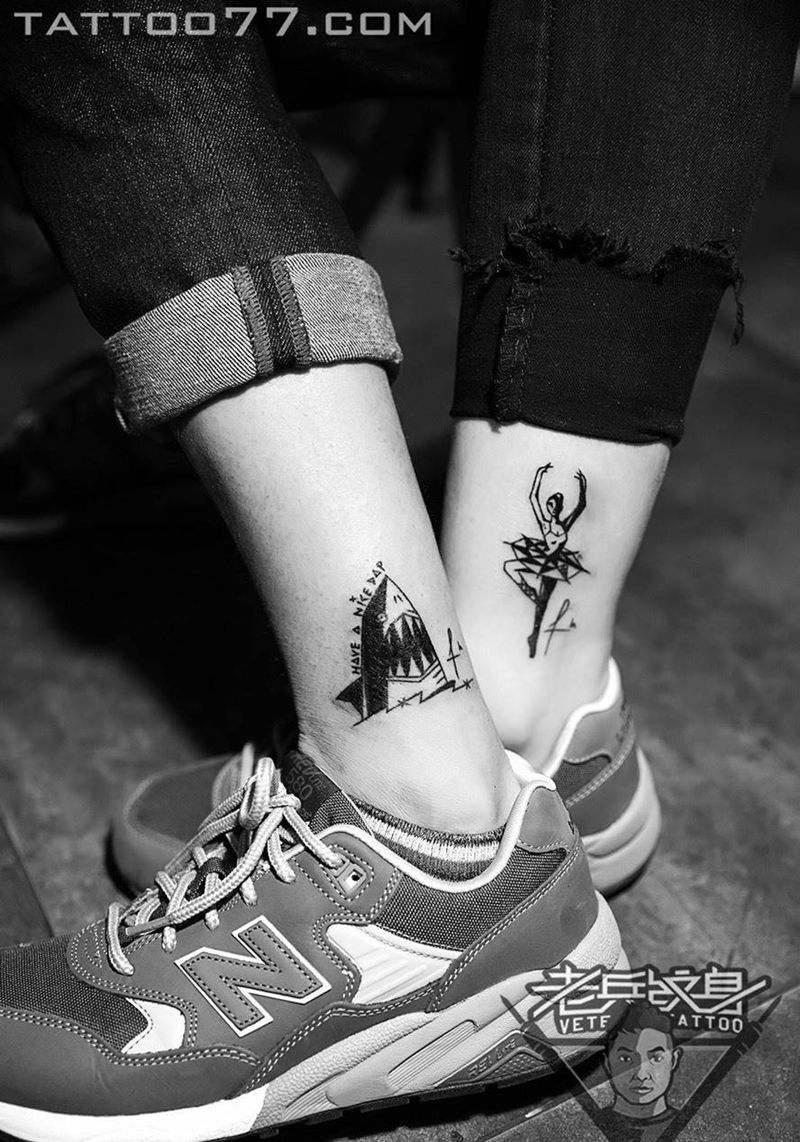 脚踝鲨鱼芭蕾女纹身作品纹身图片_成品脚部清新图腾人物动物纹身图案