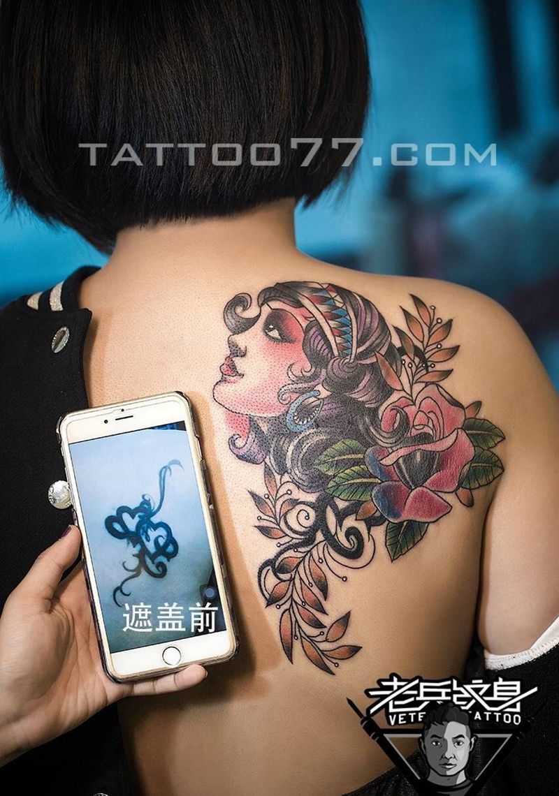 后背女郎纹身作品遮盖旧纹身纹身图片_成品背部欧美人物纹身图案