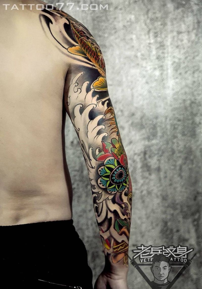 花臂鲤鱼般若象神纹身作品纹身图片_成品手臂传统动物鬼神纹身图案