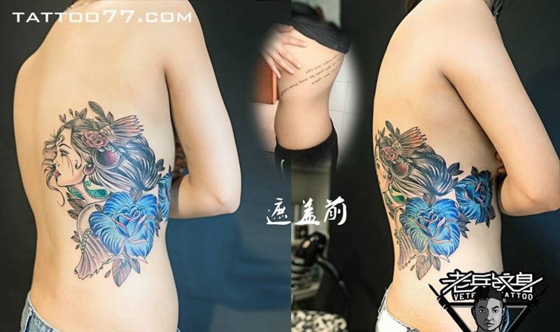 侧腰美女纹身作品纹身图片_成品腰部肖像人物纹身图案