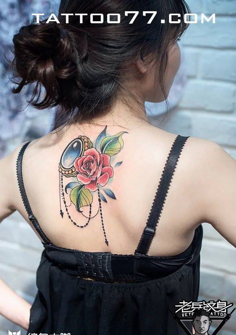 school玫瑰纹身图片_成品背部欧美植物原创纹身图案