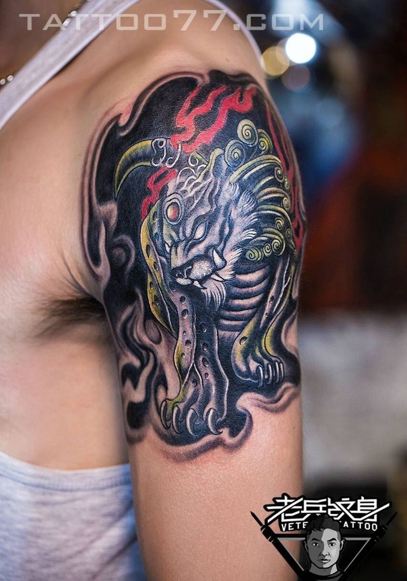 手臂貔貅肖像纹身图片_成品手臂肖像传统人物鬼神纹身图案
