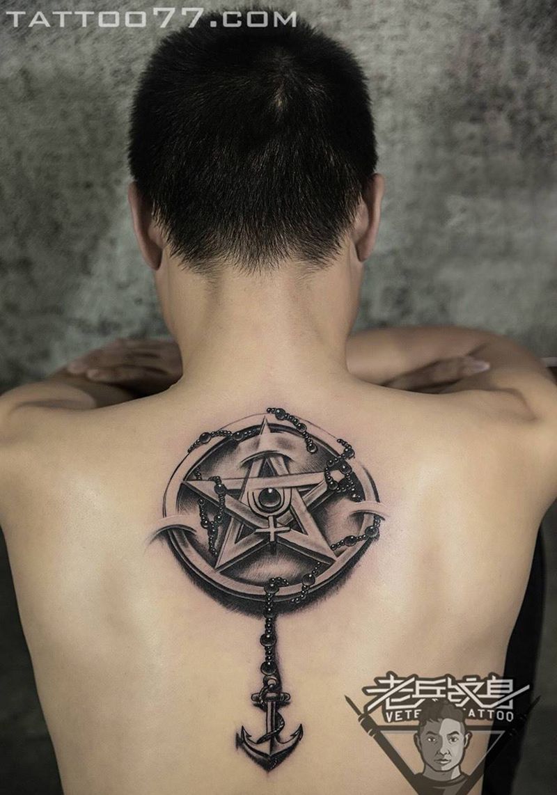 后背欧美五芒星纹身作品纹身图片_成品背部欧美静物纹身图案
