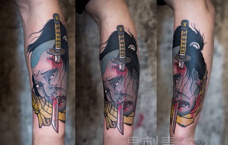 小臂日式生首纹身图片_成品手部手臂传统动物鬼神人物宗教图腾纹身图案