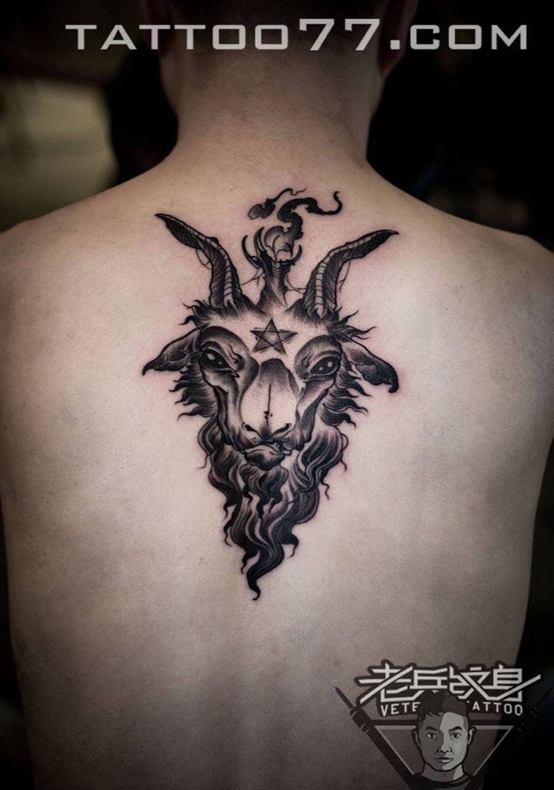 羊头纹身作品纹身图片_成品背部欧美动物纹身图案