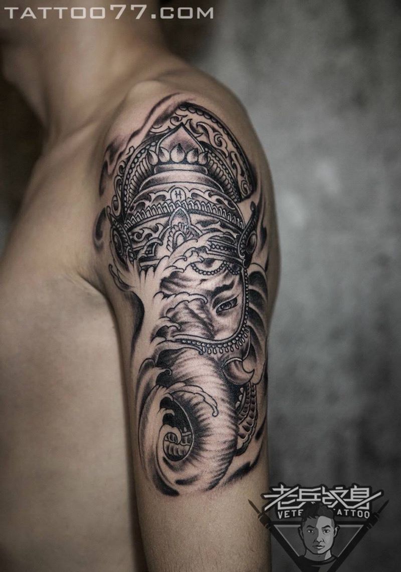 手臂象神纹身作品纹身图片_成品手臂传统动物纹身图案