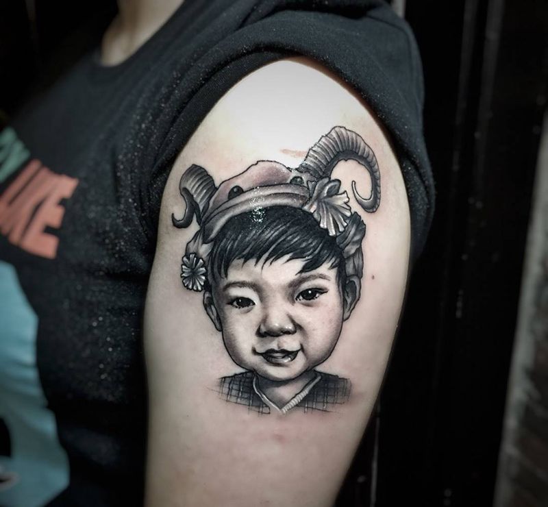 手绘肖像完成纹身图片_成品手臂肖像人物原创纹身图案