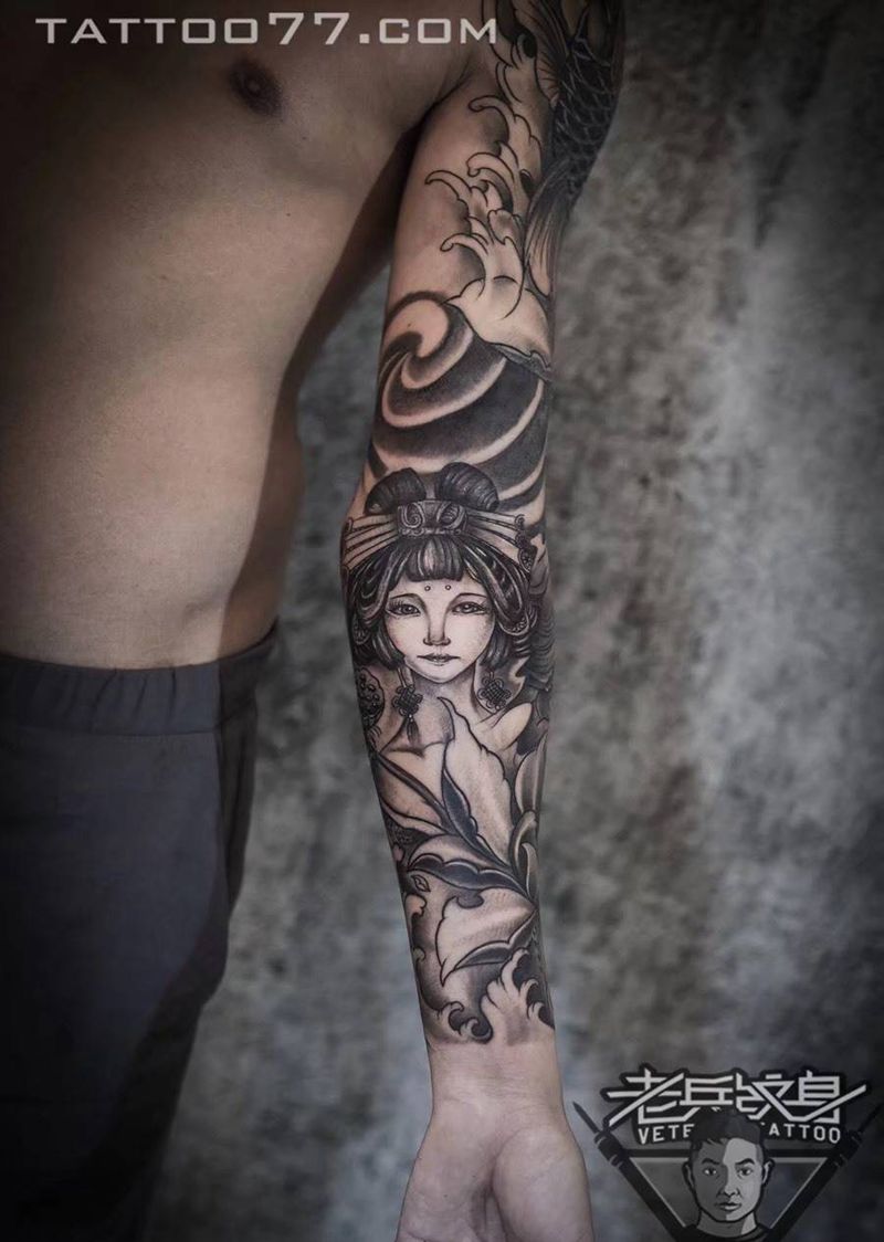 小花臂纹身图片_成品手臂肖像鬼神纹身图案