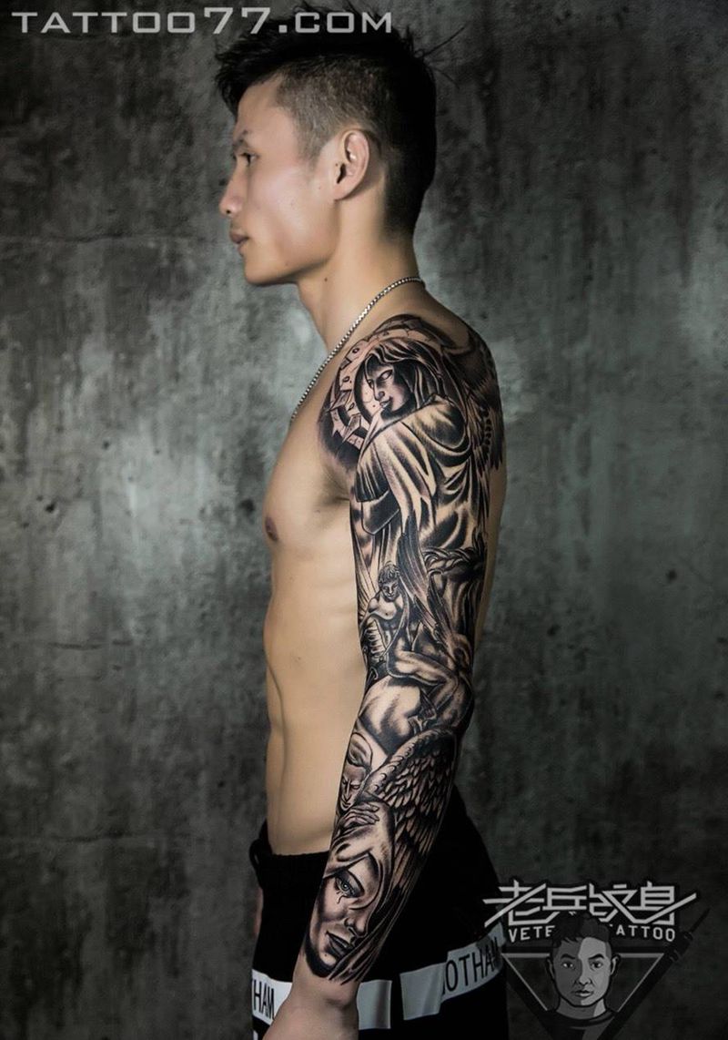 花臂欧美天使纹身作品纹身图片_成品手臂欧美人物纹身图案