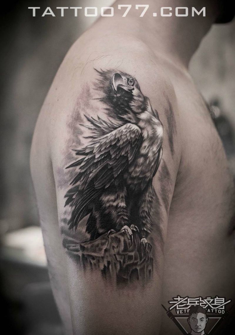 大臂老鹰纹身作品纹身图片_成品手臂传统动物纹身图案
