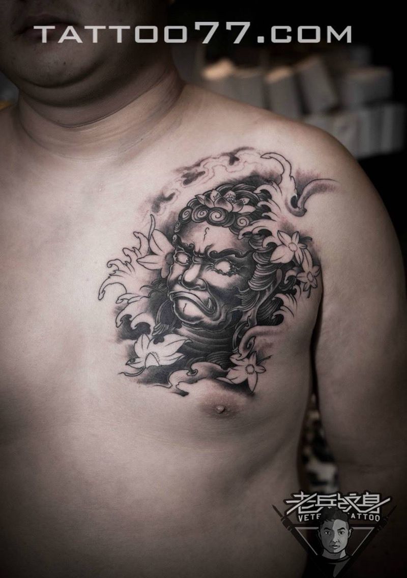 胸口不动明王纹身作品纹身图片_成品胸部传统鬼神纹身图案