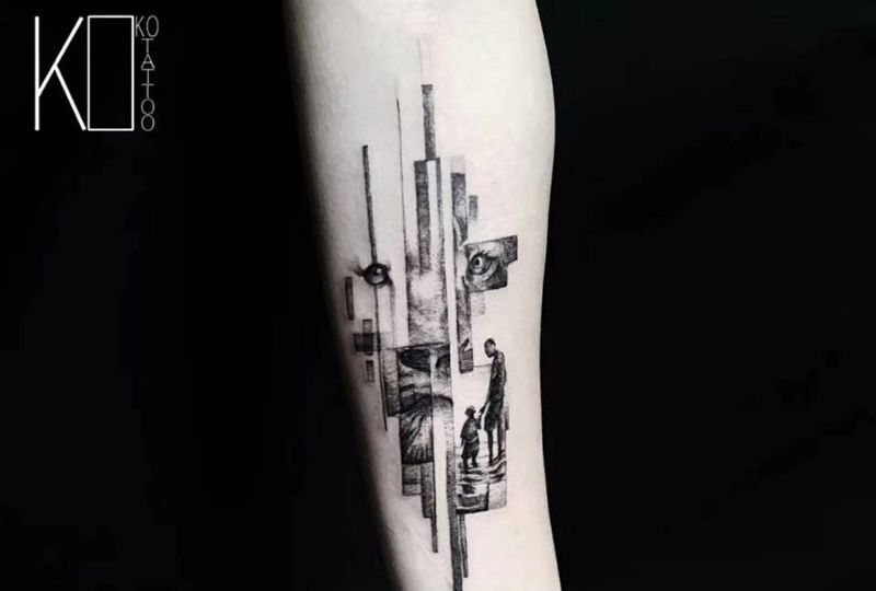 狮子纹身图片_手臂点刺狮子几何背影纹身图案