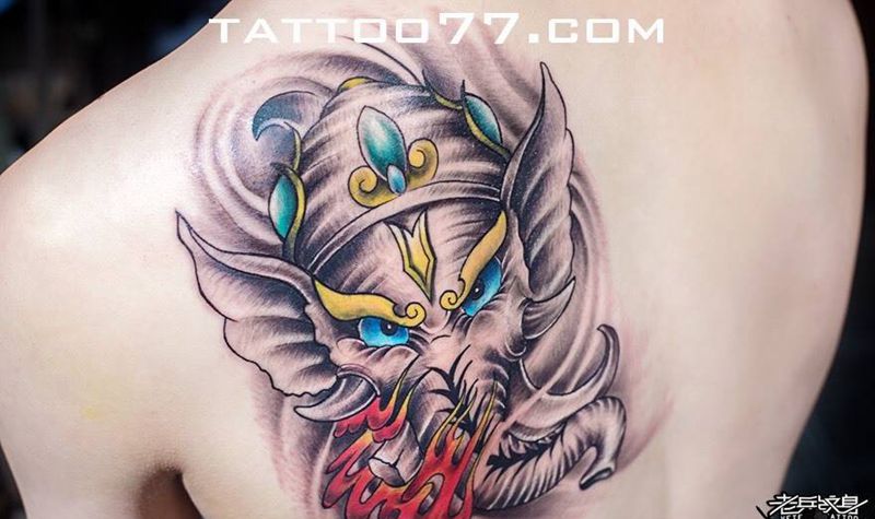 象神纹身图片_背部成品传统鬼神原创纹身图案