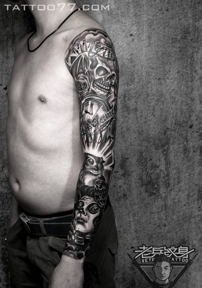 帅气的欧美花臂骷髅女郎纹身作品纹身图片_成品手臂欧美人物纹身图案