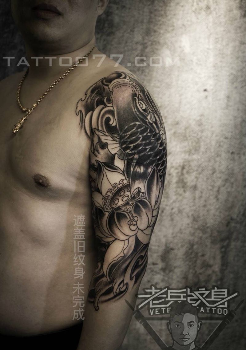 花臂鲤鱼纹身作品纹身图片_成品手臂传统动物纹身图案