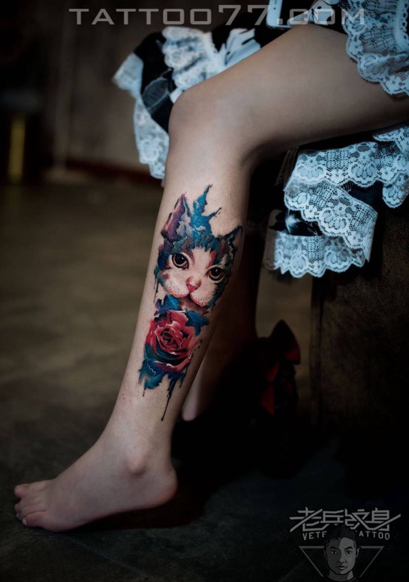 小腿猫咪纹身作品纹身图片
