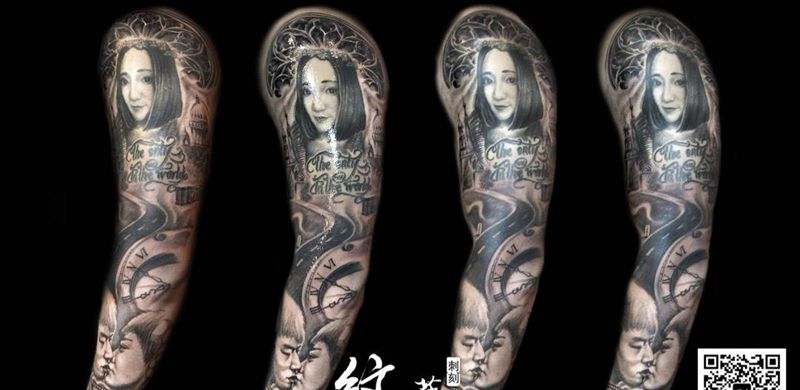 旅程……花臂纹身图片_成品手臂手部欧美肖像写实人物原创情侣纹身图案