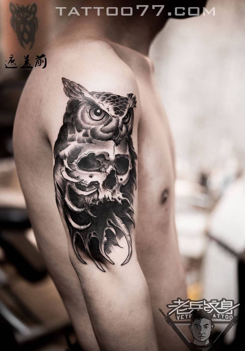 骷髅猫头鹰纹身作品纹身图片_成品手臂欧美鬼神纹身图案