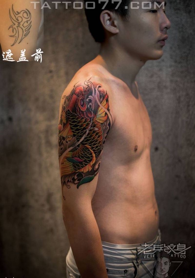 彩色鲤鱼纹身作品纹身图片_成品手臂传统动物纹身图案