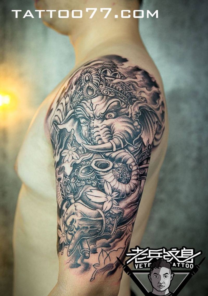 大臂象神纹身作品纹身图片_成品手臂传统鬼神纹身图案