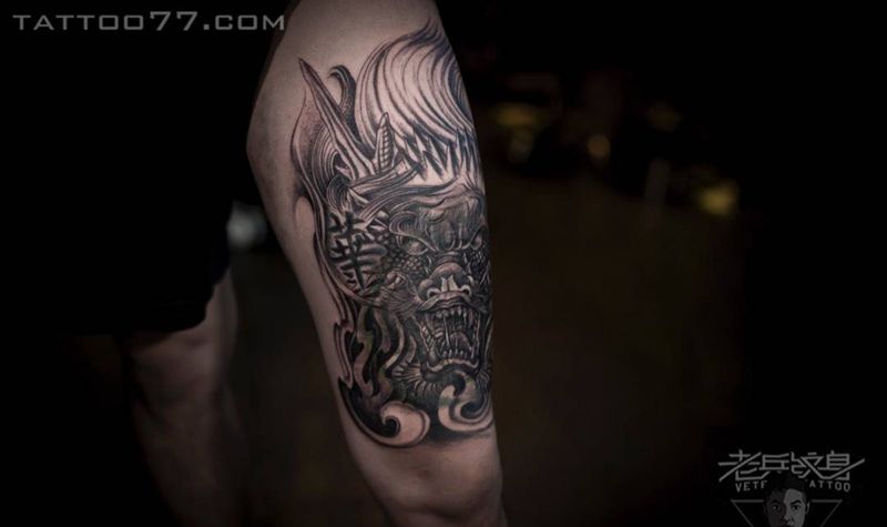 天龙盖地虎纹身图片_成品腿部原创传统动物鬼神纹身图案