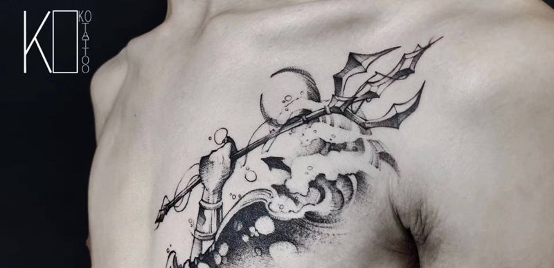 三叉戟纹身图片_肩部点刺遮盖设计一人一图定制设计纹身图案