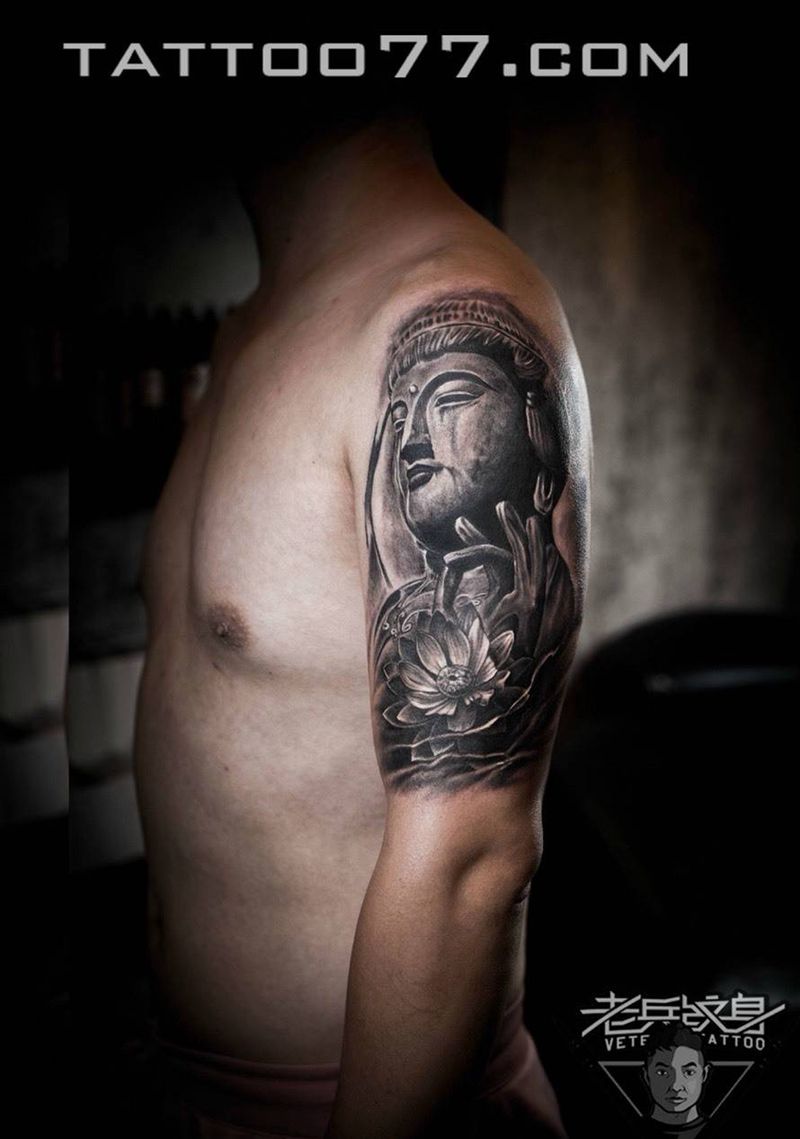 大臂佛纹身作品一个月后恢复效果纹身图片_成品手臂传统宗教纹身图案