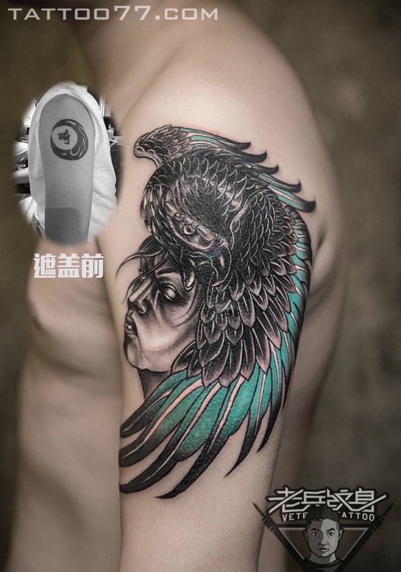 大臂老鹰纹身作品遮盖旧纹身纹身图片_成品手臂欧美肖像人物动物纹身图案