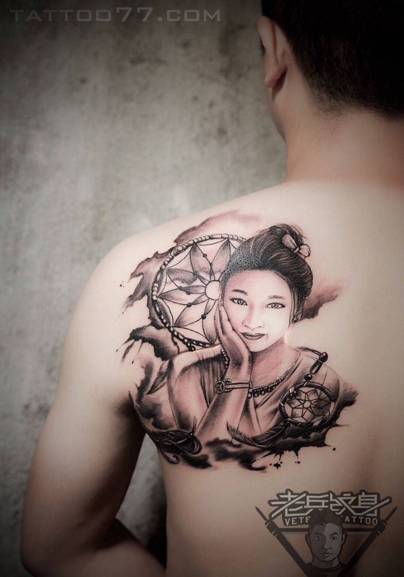 后背肖像纹身作品纹身图片_成品背部肖像人物纹身图案