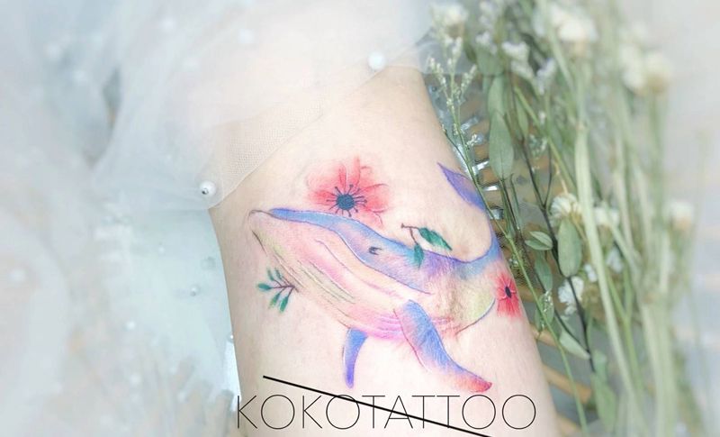 鲸鱼纹身图片_手臂水彩遮盖设计一人一图鲸鱼纹身图案