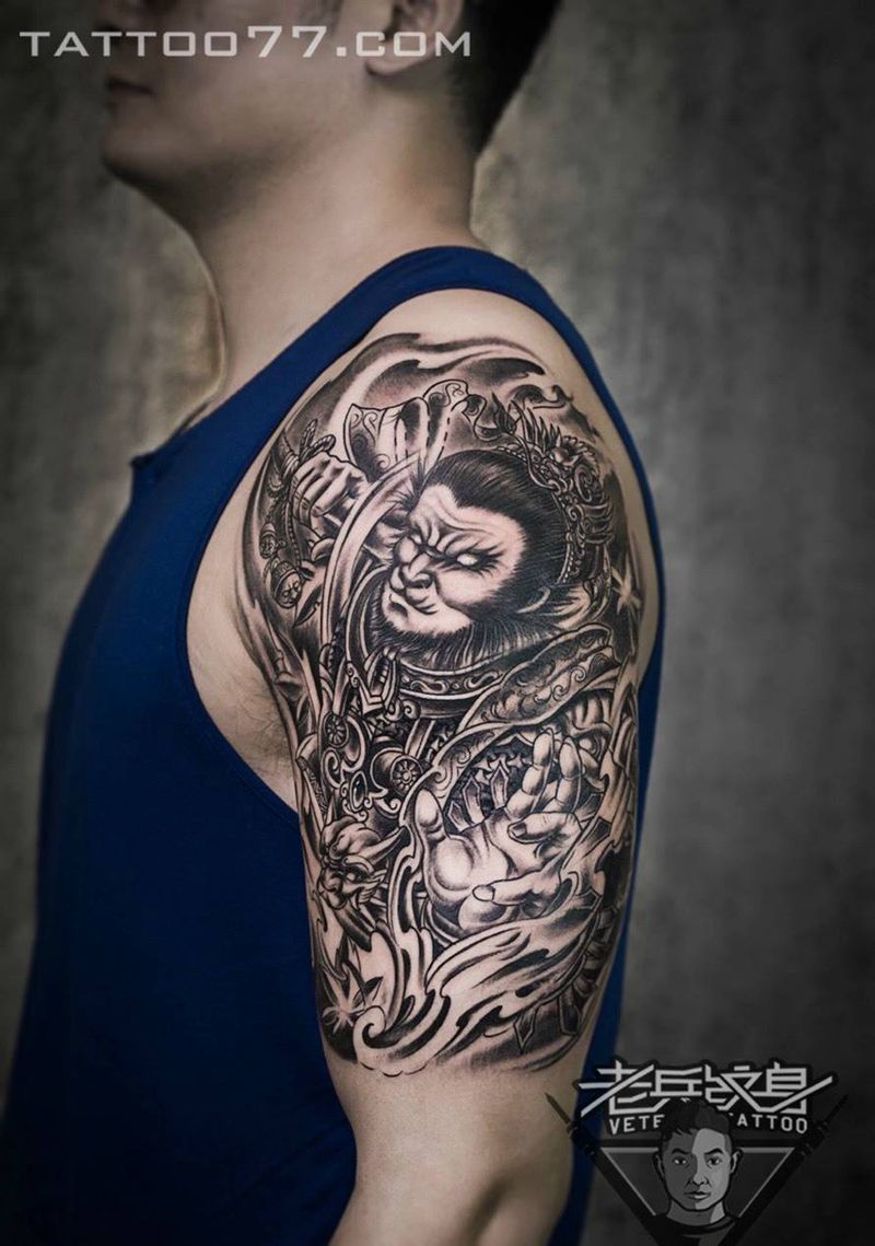 大臂孙悟空纹身作品纹身图片_成品手臂传统人物纹身图案