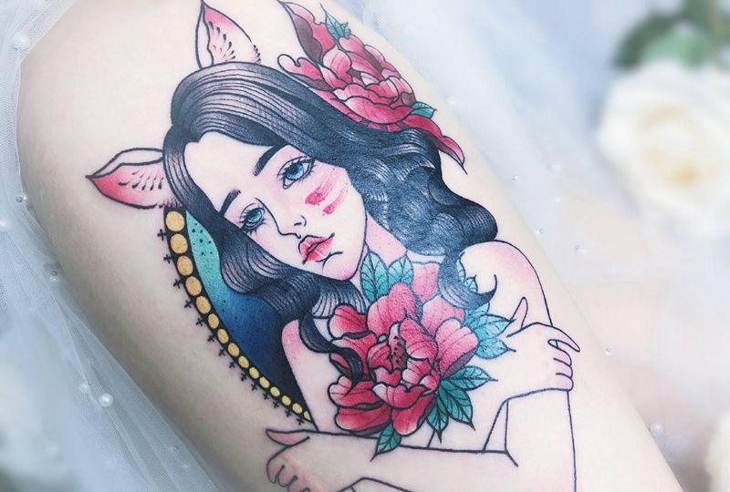 人物纹身图片_腿部New SchoolOld Schoolschool人物花卉纹身图案