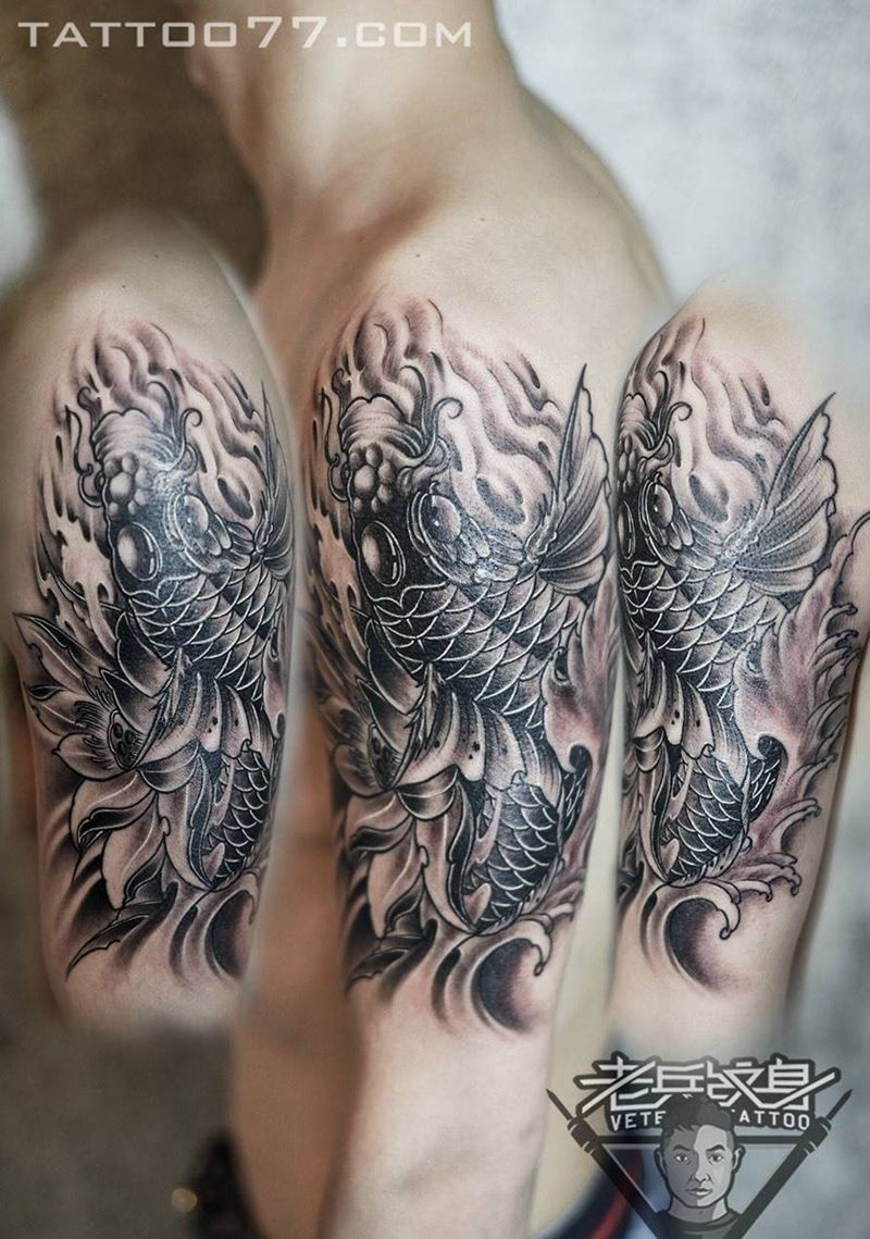 手臂鲤鱼纹身作品纹身图片_成品手臂传统动物纹身图案