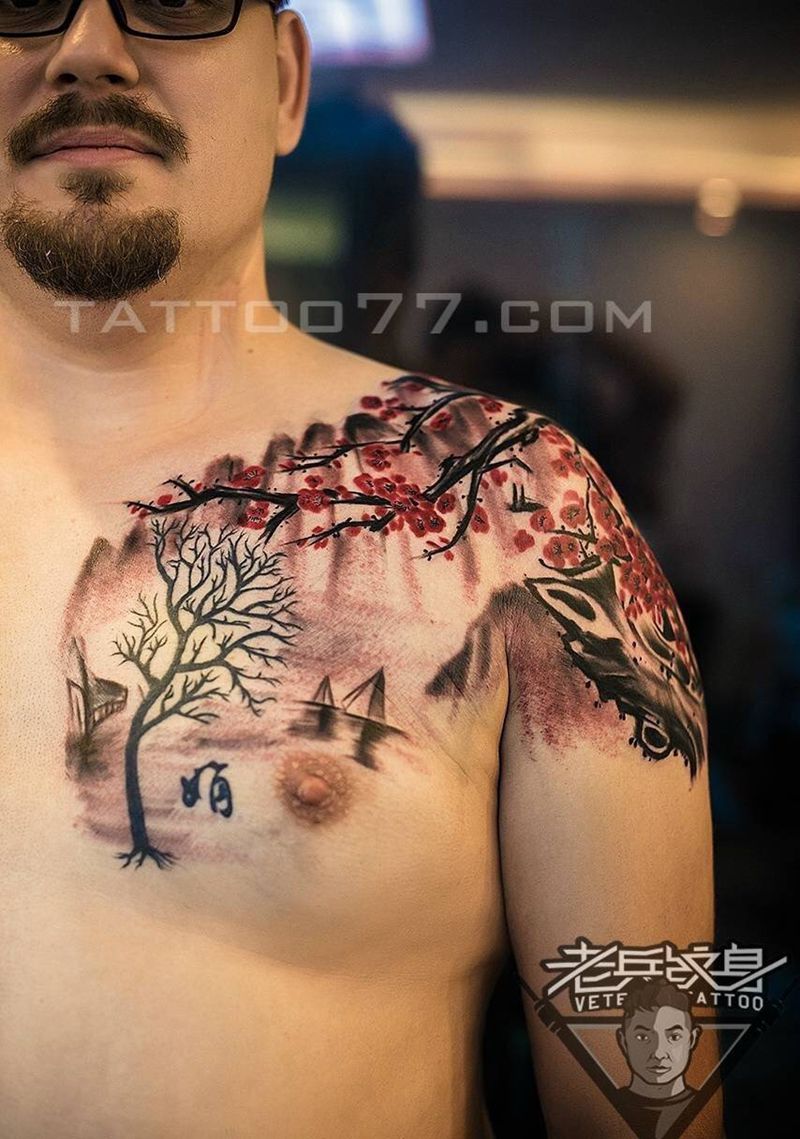 披肩梅花纹身作品纹身图片_成品肩部传统植物纹身图案