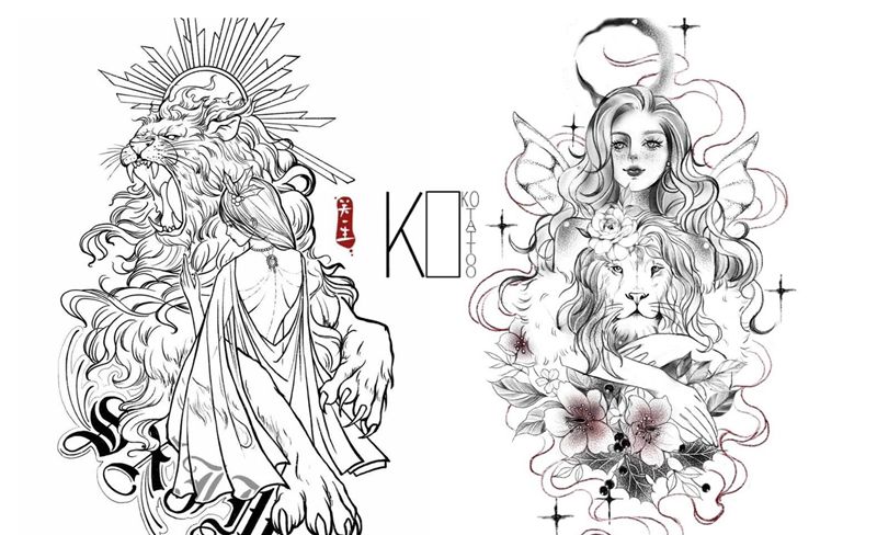 狮子座——情侣纹身纹身图片_腿部点刺狮子座情侣定制设计纹身图案