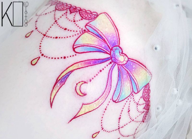 蝴蝶结纹身图片_腿部水彩定制性感腿环纹身图案