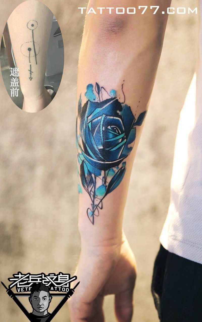 水彩玫瑰遮盖旧纹身纹身图片_成品手臂欧美植物纹身图案