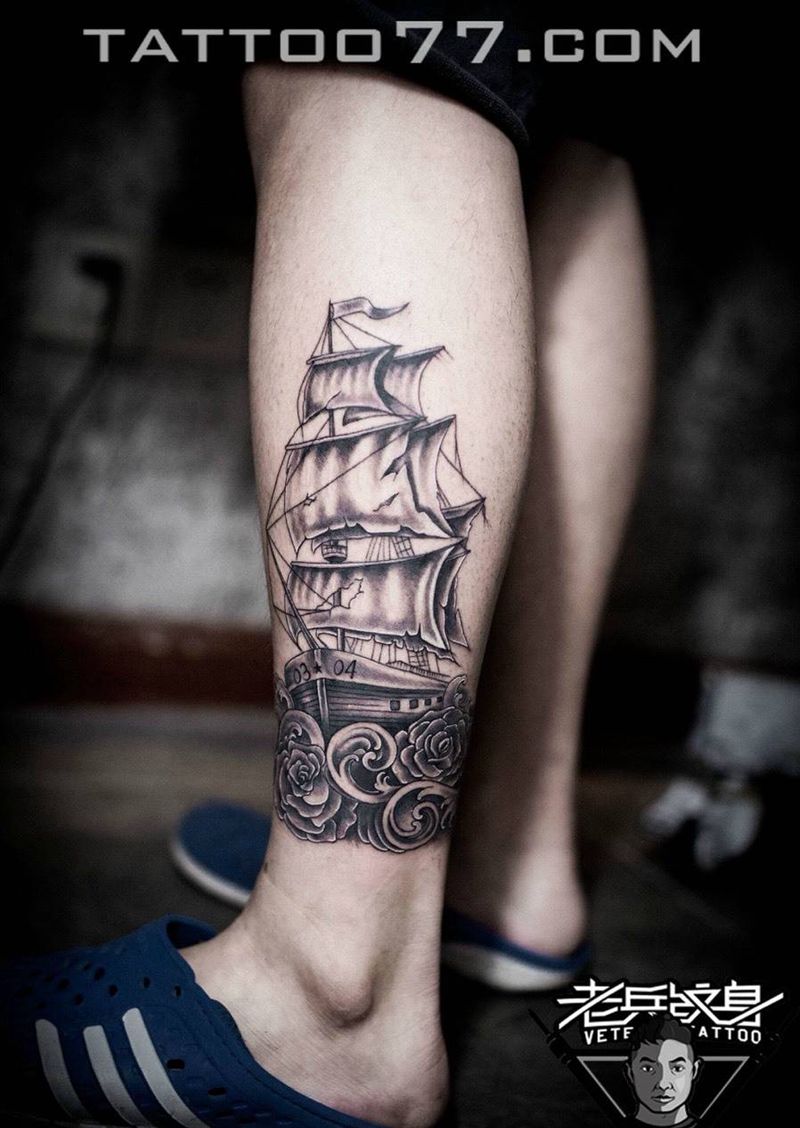 小腿帆船纹身作品纹身图片_成品腿部欧美静物纹身图案