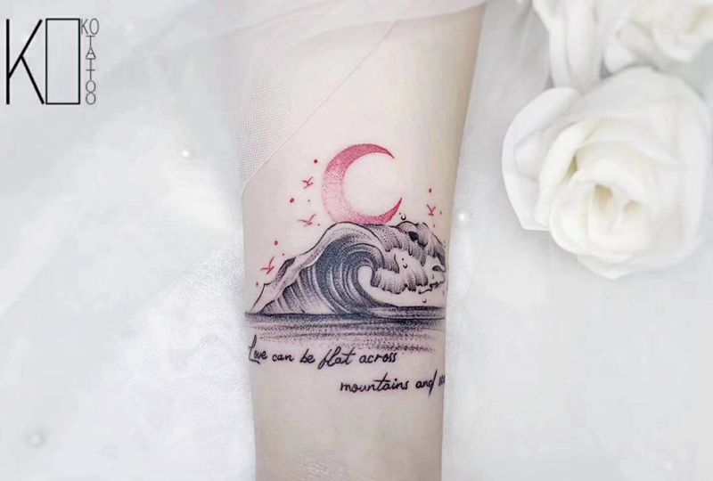 山，海纹身图片_手臂点刺山海情侣纹身图案