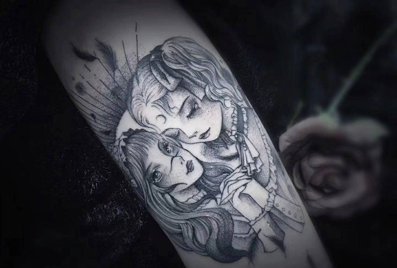 双子座纹身图片_手臂点刺插画星座定制纹身图案