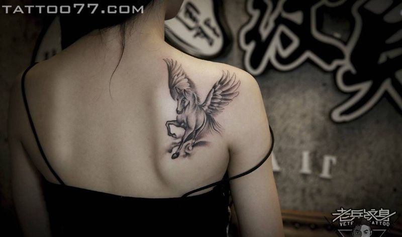 后背飞马纹身作品纹身图片_成品背部传统动物纹身图案