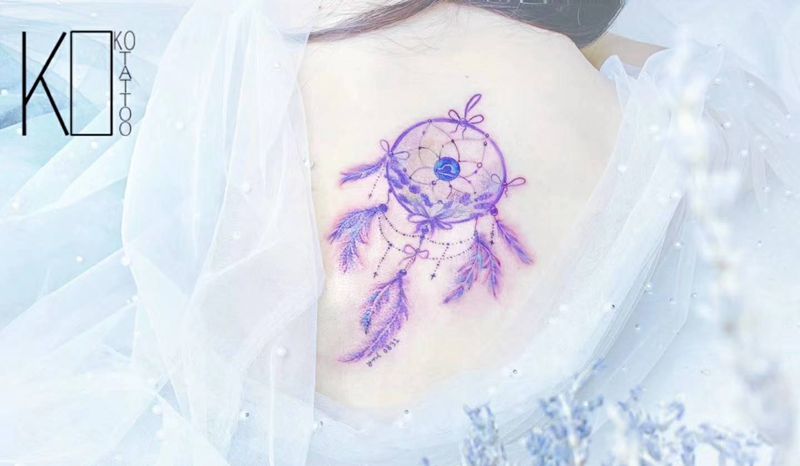 捕梦网纹身图片_背部水彩捕梦网一人一图定制设计纹身图案
