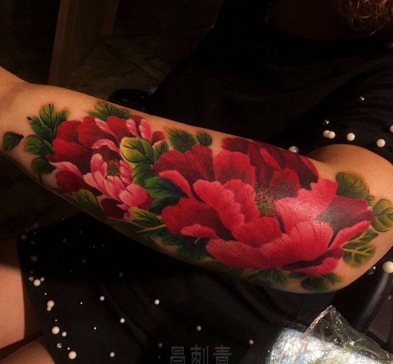 牡丹纹身图片_成品手臂手部欧美传统写实植物静物原创纹身图案
