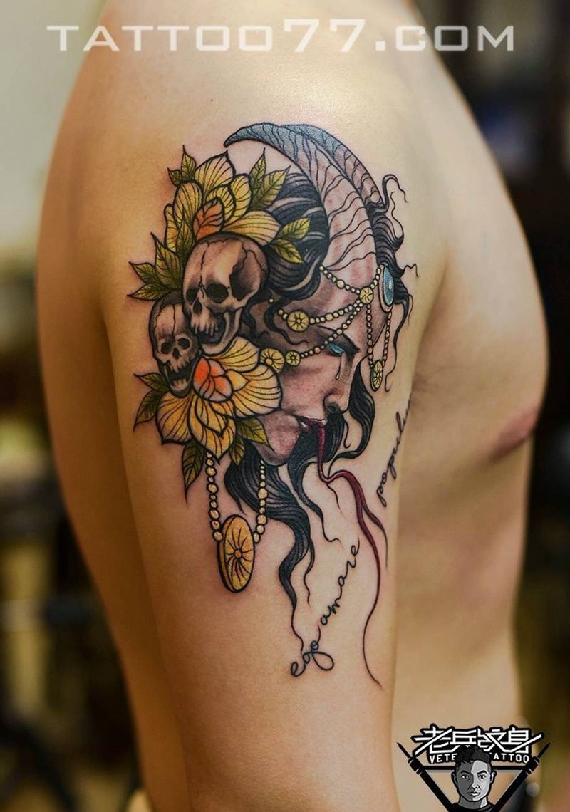 大臂骷髅女郎纹身作品纹身图片_成品手臂欧美肖像人物纹身图案