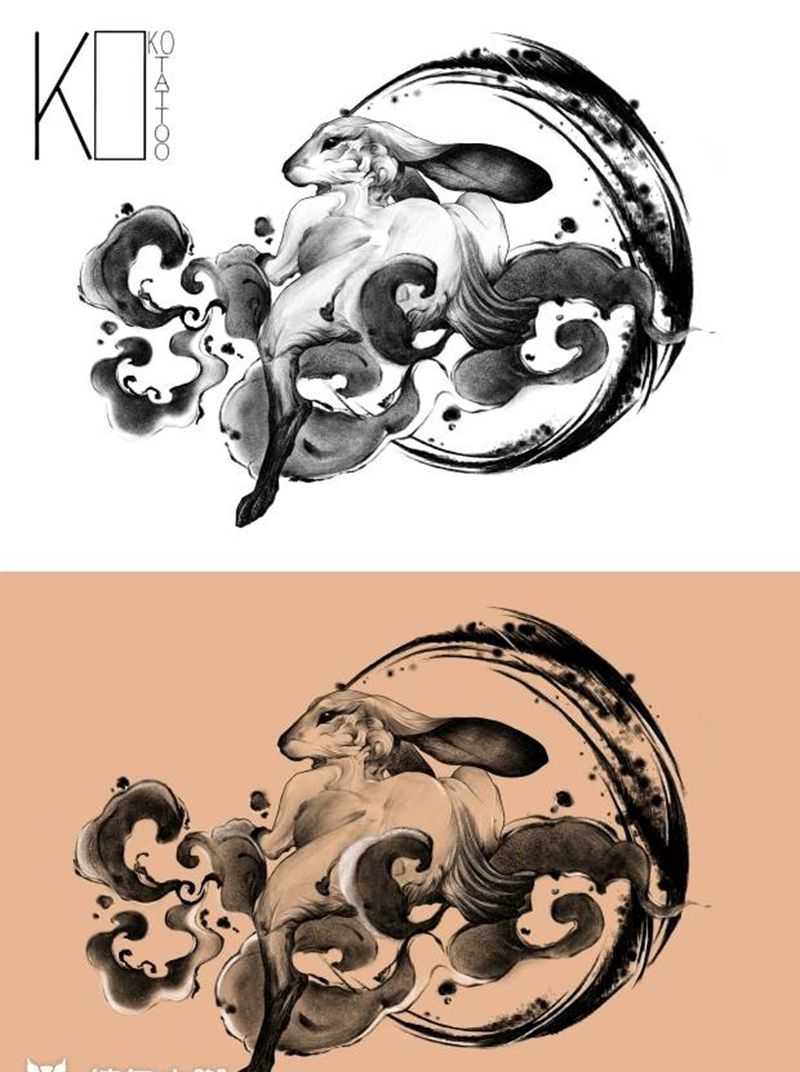 愿纹身图片_胸部水墨点刺兔子云花体字纹身图案