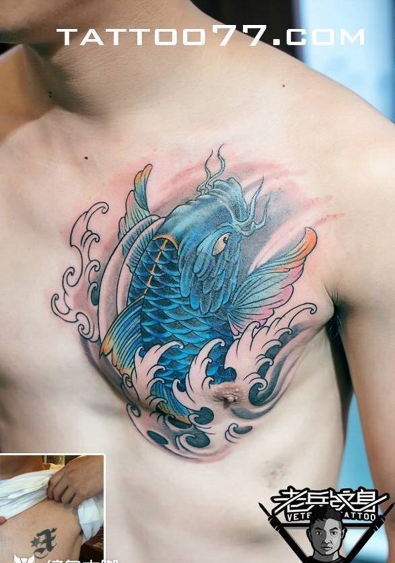 胸口鲤鱼美人鱼纹身作品纹身图片_成品胸部清新传统人物动物纹身图案