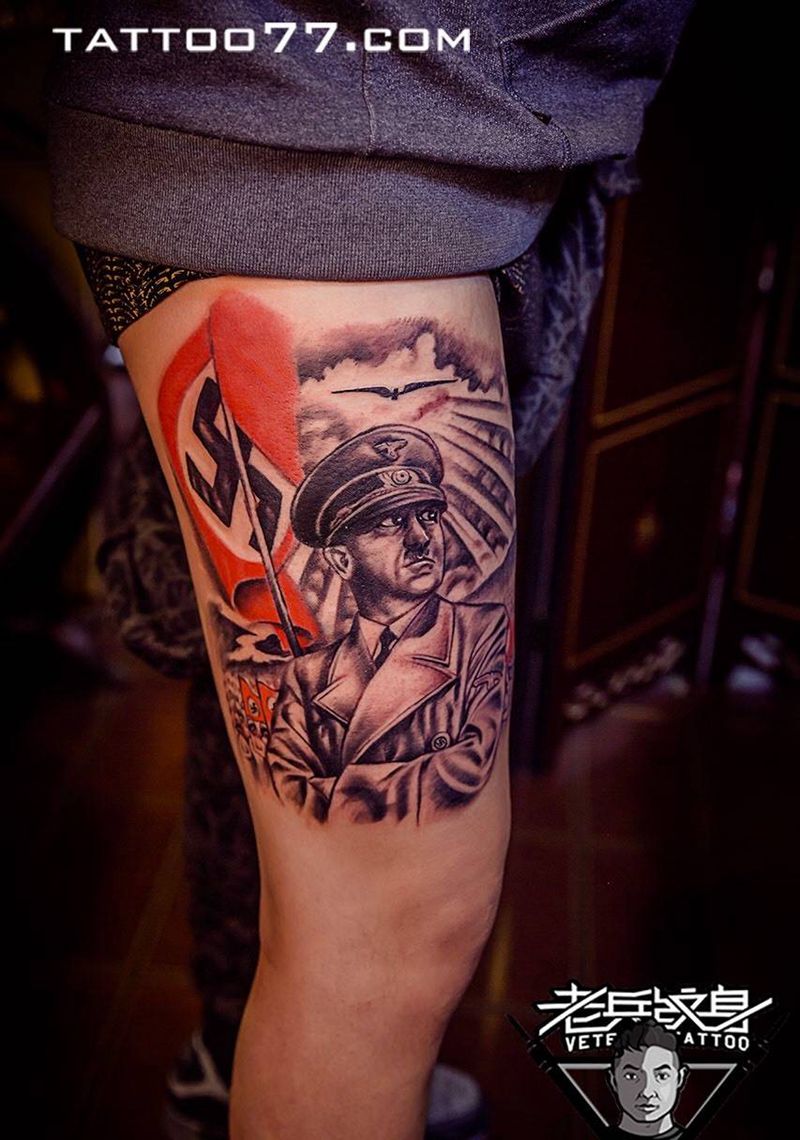 希特勒纹身图片_成品腿部欧美肖像人物原创宗教纹身图案